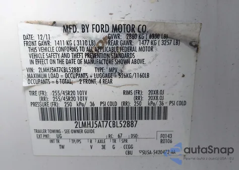 2012 Lincoln Mkt Ecoboost z USA, uszkodzony, nr VIN 2LMHJ5AT7CBL52887